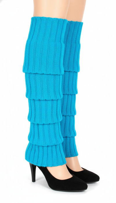Pair of Womens Leg Warmers Disco Winter Knit Dance Party Crochet Legging Socks Costume - Topaz Blue