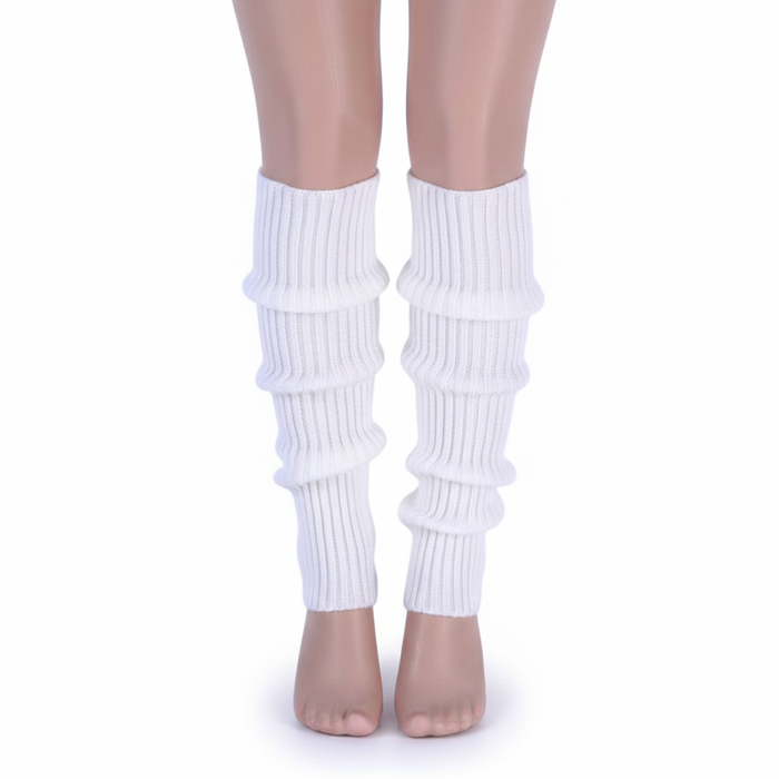 Pair of Womens Leg Warmers Disco Winter Knit Dance Party Crochet Legging Socks Costume - White
