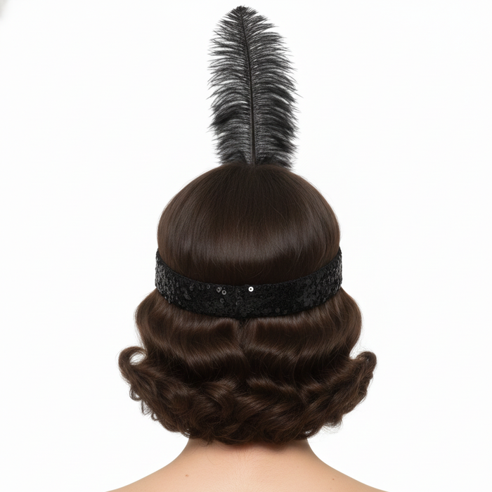 WIDE FLAPPER HEADBAND Feather Sequin Costume Gatsby Charleston Headpiece 1920s - Black