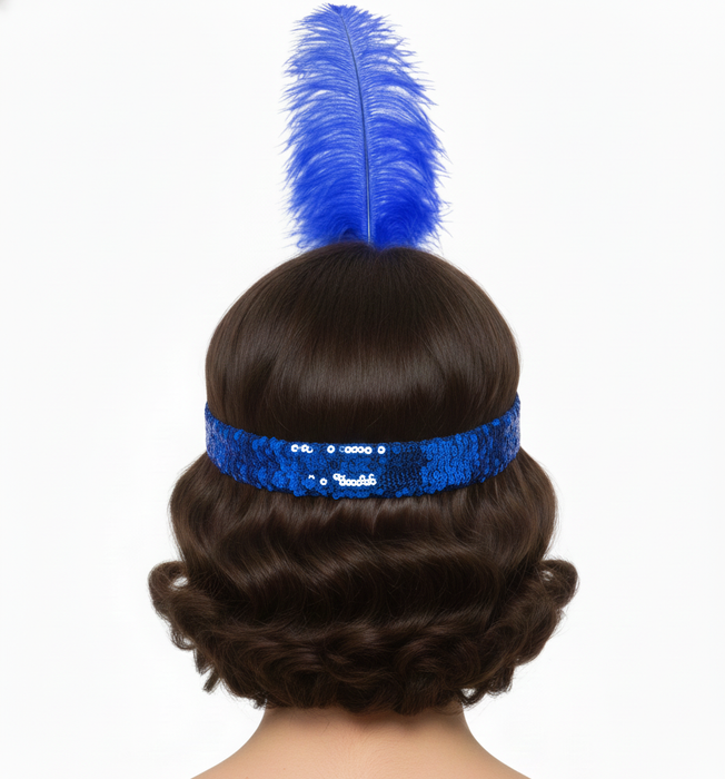 WIDE FLAPPER HEADBAND Feather Sequin Costume Gatsby Charleston Headpiece 1920s - Blue