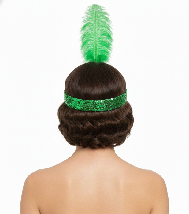 WIDE FLAPPER HEADBAND Feather Sequin Costume Gatsby Charleston Headpiece 1920s - Green
