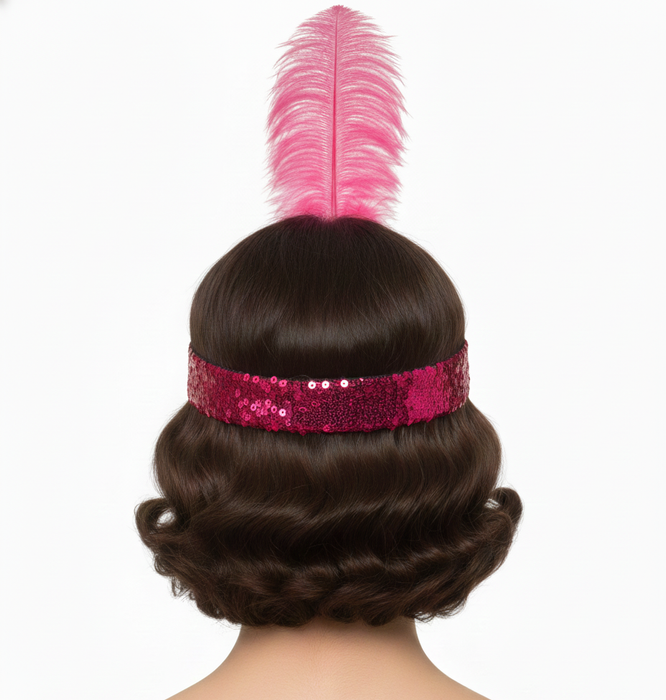 WIDE FLAPPER HEADBAND Feather Sequin Costume Gatsby Charleston Headpiece 1920s - Hot Pink