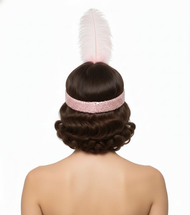 WIDE FLAPPER HEADBAND Feather Sequin Costume Gatsby Charleston Headpiece 1920s - Light Pink