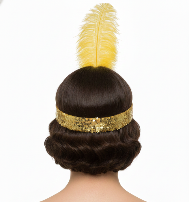 WIDE FLAPPER HEADBAND Feather Sequin Costume Gatsby Charleston Headpiece 1920s - Orange