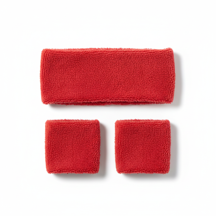 WRISTBAND & HEADBAND SET Tennis Terry Towelling Cotton Sweat Band Team Gym  - Red