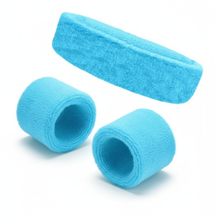 WRISTBAND & HEADBAND SET Tennis Terry Towelling Cotton Sweat Band Team Gym  - Sky Blue