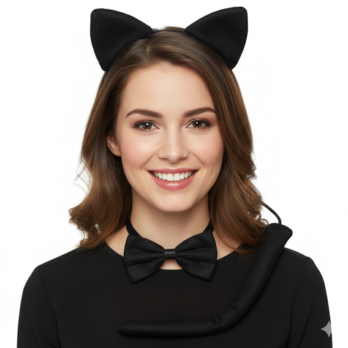 BLACK CAT EARS HEADBAND w Bow Tail Animal Costume Halloween Party Hair Accessory