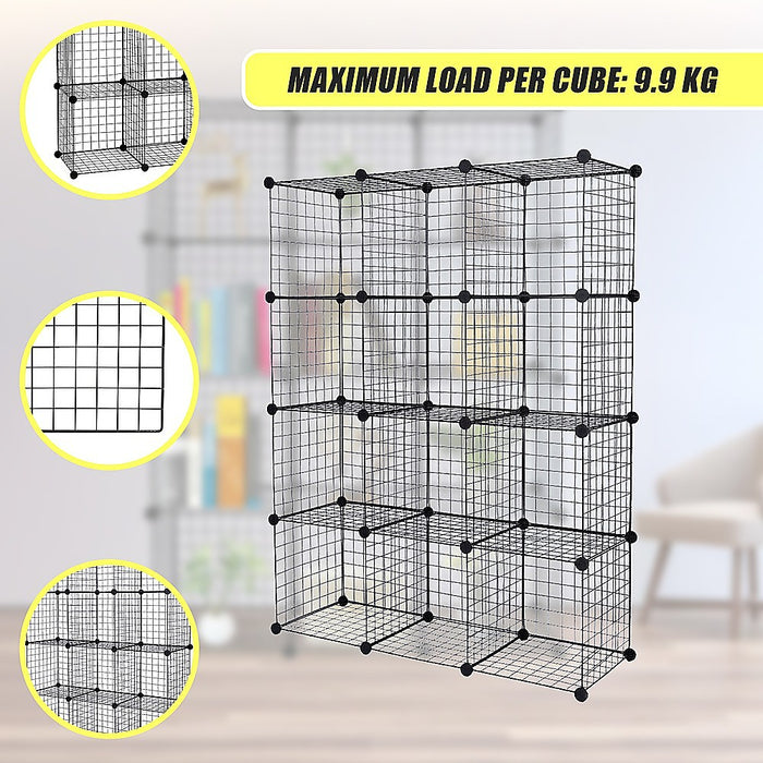 12 Cube Wire Grid Organiser Bookcase Storage Cabinet Wardrobe Closet Black