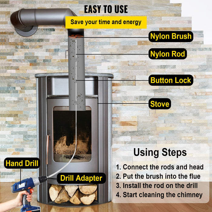 VEVOR Chimney Sweep Kit 33FT Chimney Cleaning Kit Nylon Sooteater Chimney Cleaning Kit Flexible Brush Head Chimney Sweeping Kit Easy Connecting Chimney Brush With 10 White Rods
