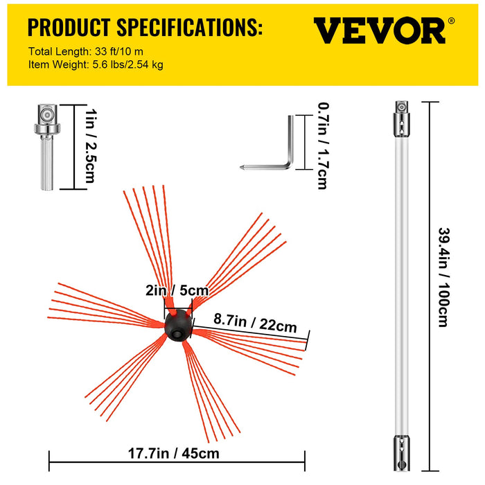 VEVOR Chimney Sweep Kit 33FT Chimney Cleaning Kit Nylon Sooteater Chimney Cleaning Kit Flexible Brush Head Chimney Sweeping Kit Easy Connecting Chimney Brush With 10 White Rods