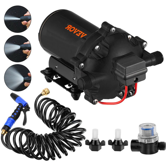 VEVOR RV Water Pump 5.3 GPM 5.5 Gallons Per Minute 12V Water Pump Automatic 70 PSI Diaphragm Pump with 25 Foot Coiled Hose Washdown Pumps for Boats Caravan Rv Marine Yacht