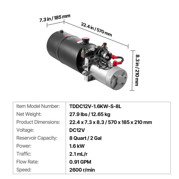 VEVOR 8 L Hydraulic Power Unit, Double Acting Dump Trailer Pump, 22 MPa Max Relief Pressure & 3.4 L/min Flow Rate, DC 12V Hydraulic Pump with Metal Reservoir for Dump Trailer Car Lifting