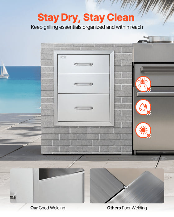 18x23 Inch Outdoor Kitchen Stainless Steel Triple Access BBQ Drawers with Chrome Handle, 18 x23 x 23 Inch