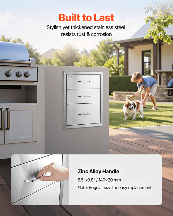 18x23 Inch Outdoor Kitchen Stainless Steel Triple Access BBQ Drawers with Chrome Handle, 18 x23 x 23 Inch
