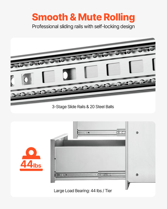 18x23 Inch Outdoor Kitchen Stainless Steel Triple Access BBQ Drawers with Chrome Handle, 18 x23 x 23 Inch