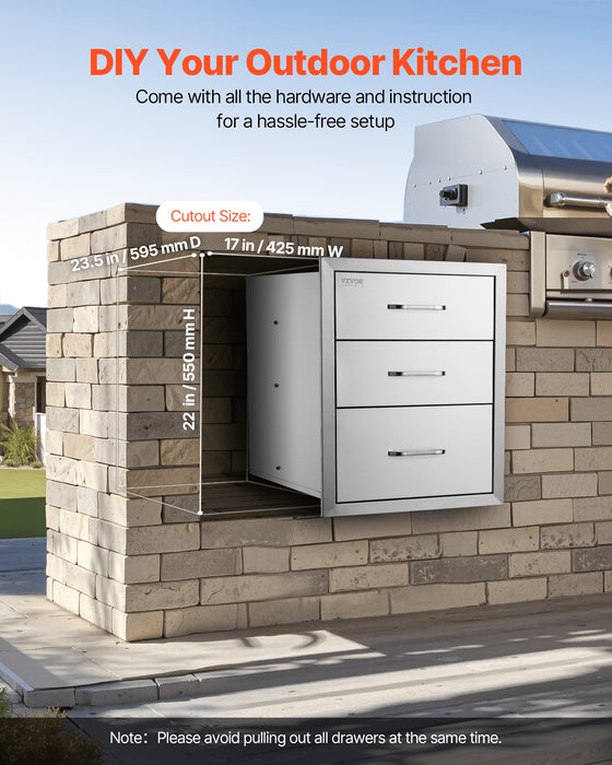 18x23 Inch Outdoor Kitchen Stainless Steel Triple Access BBQ Drawers with Chrome Handle, 18 x23 x 23 Inch