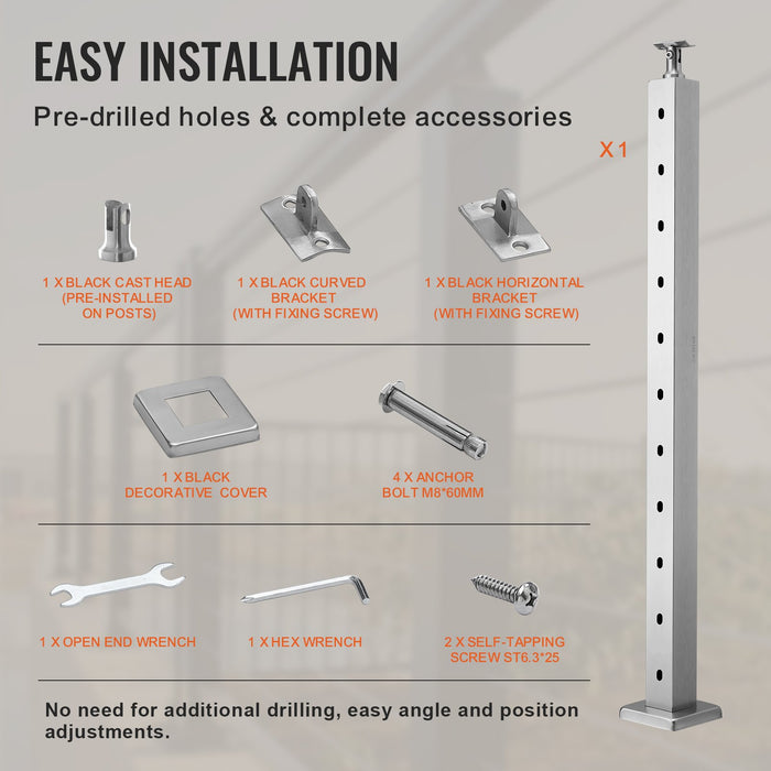 VEVOR Cable Railing Post, 36" x 2" x 2" Steel Horizontal Hole Deck Railing Post, 10 Pre-Drilled Holes, SUS304 Stainless Steel Cable Rail Post with Horizontal and Curved Bracket, 1-Pack, Silver, 91.4*5*5 cm