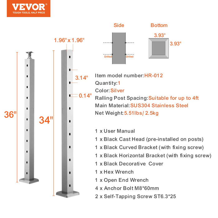 VEVOR Cable Railing Post, 36" x 2" x 2" Steel Horizontal Hole Deck Railing Post, 10 Pre-Drilled Holes, SUS304 Stainless Steel Cable Rail Post with Horizontal and Curved Bracket, 1-Pack, Silver, 91.4*5*5 cm