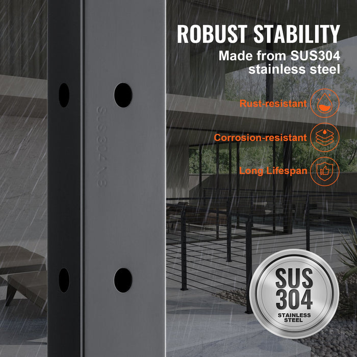 VEVOR Cable Railing Post, 42" x 1" x 2" Steel L-Shaped Hole Corner Railing Post, 12 Pre-Drilled Holes, SUS304 Stainless Steel Cable Rail Post with Horizontal and Curved Bracket, 1-Pack, Black, 106.7*2.5*5 cm