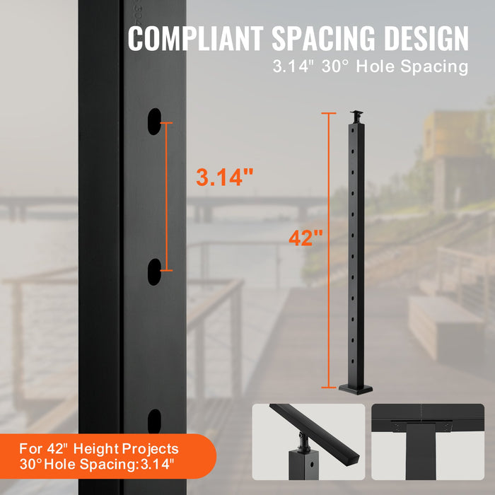 VEVOR Cable Railing Post, 42" x 1" x 2" Steel Angled Hole Stair Railing Post, 12 Pre-Drilled Holes, SUS304 Stainless Steel Cable Rail Post with Horizontal and Curved Bracket, 1-Pack, Black, 106.7*2.5*5 cm
