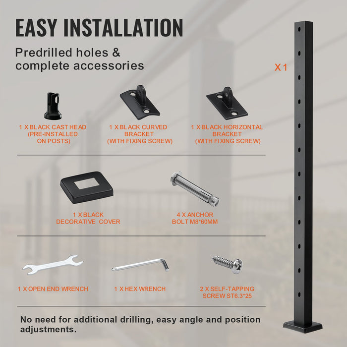 VEVOR Cable Railing Post, 42" x 1" x 2" Steel Angled Hole Stair Railing Post, 12 Pre-Drilled Holes, SUS304 Stainless Steel Cable Rail Post with Horizontal and Curved Bracket, 1-Pack, Black, 106.7*2.5*5 cm