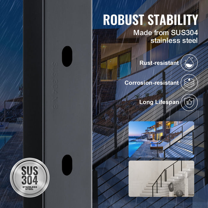 VEVOR Cable Railing Post, 36" x 1" x 2" Angled Hole Stair Railing Post, 10 Pre-Drilled Holes, SUS304 Stainless Steel Cable Rail Post with Horizontal and Curved Bracket, 1-Pack, Black, 91.4*2.5*5 cm