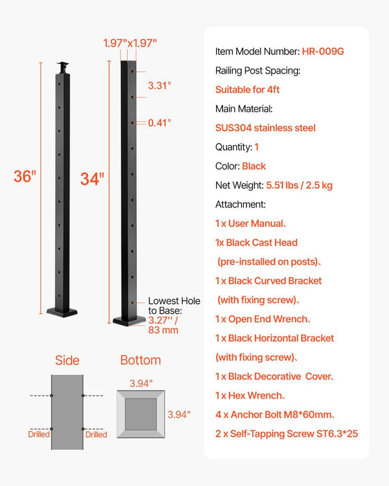 1-Pack Cable Railing Post, 91.4x5x5cm Horizontal-Hole Deck Railing Post with Pre-Drilled Holes, Stainless Steel Cable Rail Post with Horizontal and Curved Bracket, Black, 1JZLGZXHS9148RVYS001V0