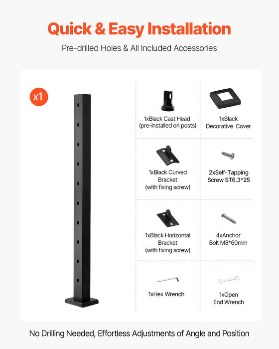VEVOR Cable Railing Post, 36x2x2 Inch Stair Railing Post, with Pre-Drilled 30° Angled Holes, Stainless Steel Cable Rail Post with Horizontal and Curved Bracket, 1-Pack, Black, 1JZLGZXHS914YIVIS001V0