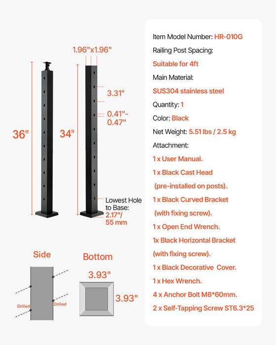 VEVOR Cable Railing Post, 36x2x2 Inch Stair Railing Post, with Pre-Drilled 30° Angled Holes, Stainless Steel Cable Rail Post with Horizontal and Curved Bracket, 1-Pack, Black, 1JZLGZXHS914YIVIS001V0