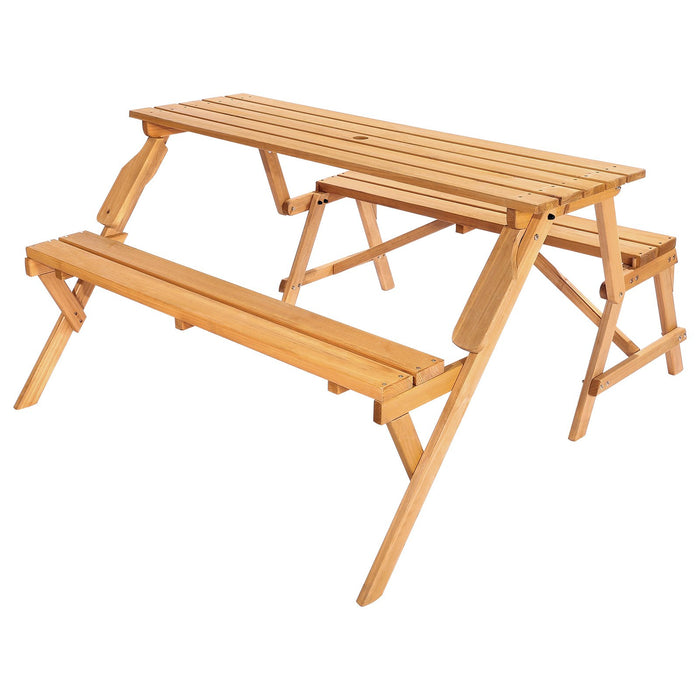 VEVOR 2-in-1 Transforming Interchangeable Picnic Table, Outdoor Wooden Table and Bench Set, Portable Foldable Bench with Umbrella Hole, Patio Dining Furniture for Garden, Backyard, Porch (Brown)