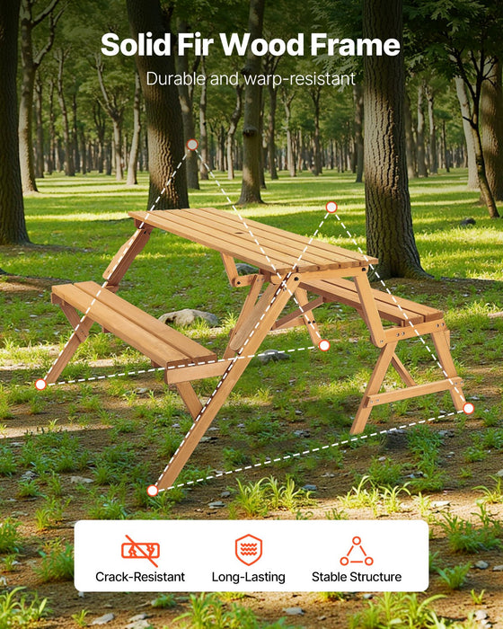 VEVOR 2-in-1 Transforming Interchangeable Picnic Table, Outdoor Wooden Table and Bench Set, Portable Foldable Bench with Umbrella Hole, Patio Dining Furniture for Garden, Backyard, Porch (Brown)