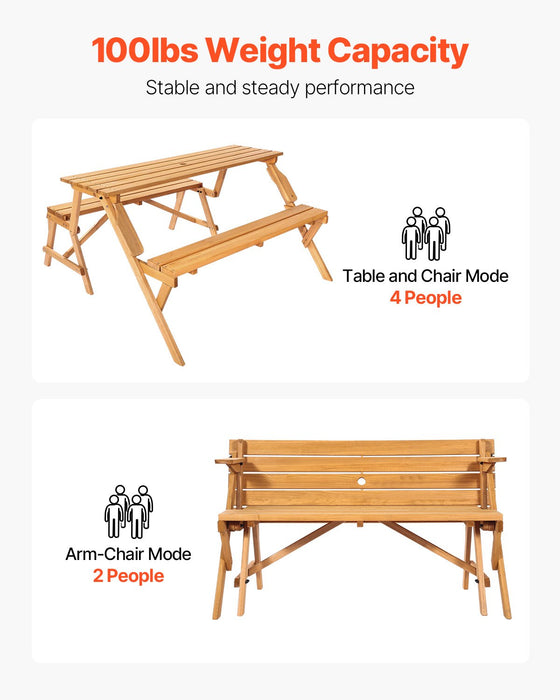 VEVOR 2-in-1 Transforming Interchangeable Picnic Table, Outdoor Wooden Table and Bench Set, Portable Foldable Bench with Umbrella Hole, Patio Dining Furniture for Garden, Backyard, Porch (Brown)