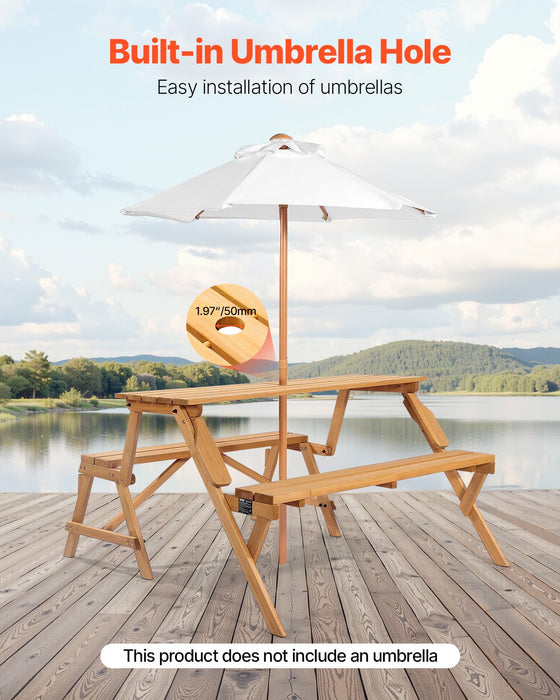 VEVOR 2-in-1 Transforming Interchangeable Picnic Table, Outdoor Wooden Table and Bench Set, Portable Foldable Bench with Umbrella Hole, Patio Dining Furniture for Garden, Backyard, Porch (Brown)