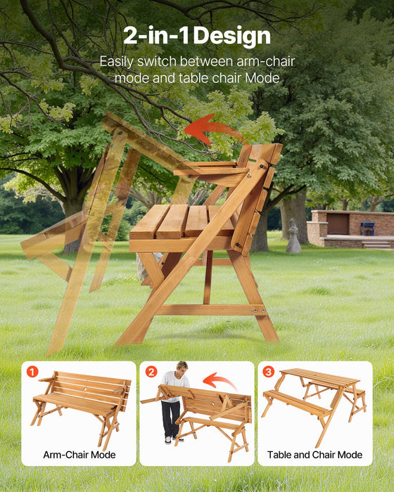 VEVOR 2-in-1 Transforming Interchangeable Picnic Table, Outdoor Wooden Table and Bench Set, Portable Foldable Bench with Umbrella Hole, Patio Dining Furniture for Garden, Backyard, Porch (Brown)