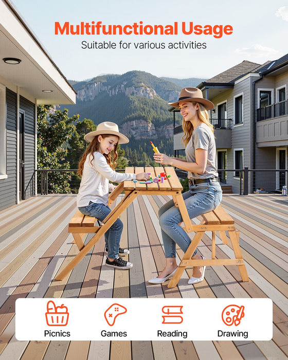 VEVOR 2-in-1 Transforming Interchangeable Picnic Table, Outdoor Wooden Table and Bench Set, Portable Foldable Bench with Umbrella Hole, Patio Dining Furniture for Garden, Backyard, Porch (Brown)