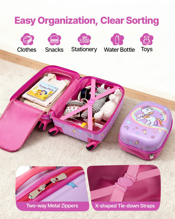 VEVOR Kids Luggage Set, 2 Piece, 45.7 cm Hardside Rolling Wheels Suitcase with Hard-Shell Backpack, Unicorn Kids Carry on Luggage Set, Holiday Birthday Present for Girls & Boys, Airline Approved