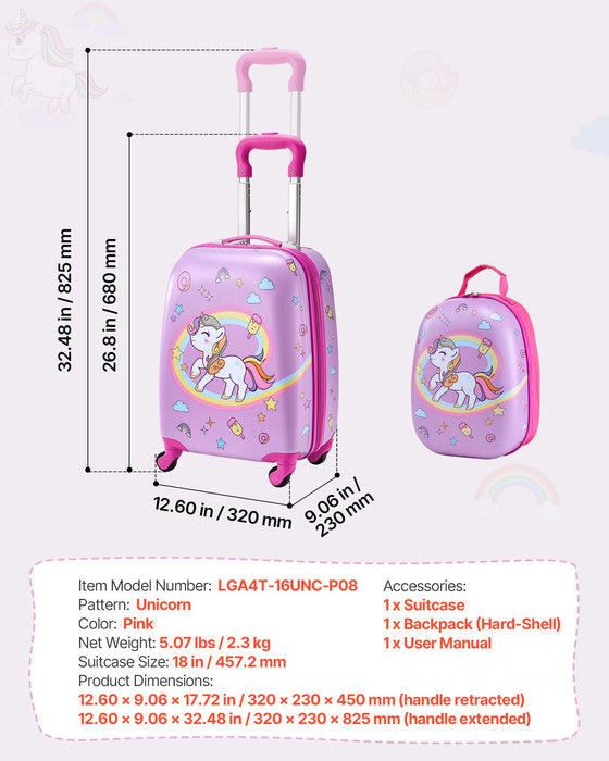 VEVOR Kids Luggage Set, 2 Piece, 45.7 cm Hardside Rolling Wheels Suitcase with Hard-Shell Backpack, Unicorn Kids Carry on Luggage Set, Holiday Birthday Present for Girls & Boys, Airline Approved