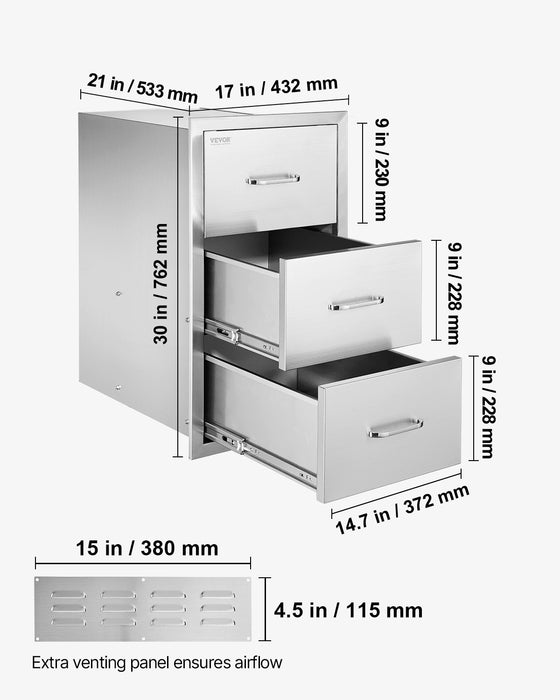 Flush triple access drawer raised style height triple drawer, 76 x 43 cm,stainless steel