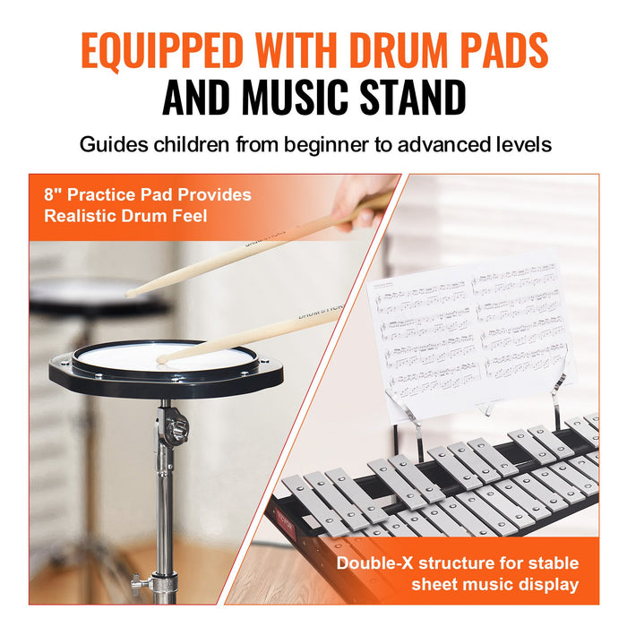 VEVOR 32 Note Glockenspiel Xylophone Bell Kit, Professional Percussion Instrument Set with Mallets, Drum Sticks, Music Stand,  8" Practice Pad, Adjustable Stand and Carrying Bag for Students & Adults