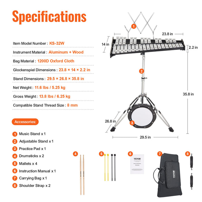 VEVOR 32 Note Glockenspiel Xylophone Bell Kit, Professional Percussion Instrument Set with Mallets, Drum Sticks, Music Stand,  8" Practice Pad, Adjustable Stand and Carrying Bag for Students & Adults