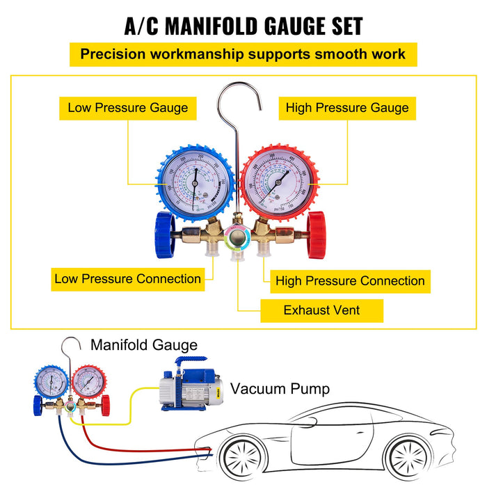VEVOR 3CFM 84 L/M 1-Stage, Refrigerant Vacuum Pump Refrigeration Gauges A/C Air Conditioning 1440 RPM 1/4 HP, 3 pcs hoses 800 PSI Refrigeration Gauges