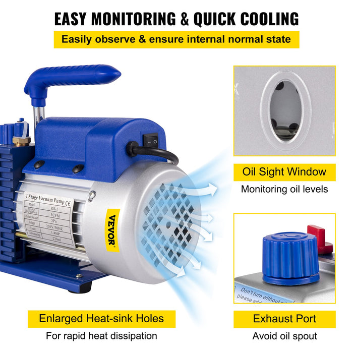 VEVOR 3CFM 84 L/M 1-Stage, Refrigerant Vacuum Pump Refrigeration Gauges A/C Air Conditioning 1440 RPM 1/4 HP, 3 pcs hoses 800 PSI Refrigeration Gauges