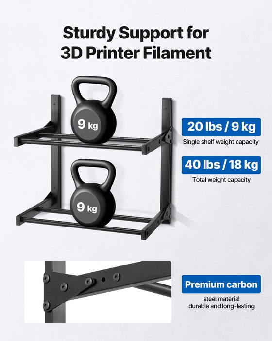 Wall Mount Printer Filament Storage Rack, 2-Tier Wall Bracket Storage Shelf, Rolling Filament Spool Holders Racks with Wheels, Filaments Organzied for 3D Printing Studio, Workshop (Shelf Only)