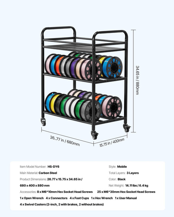 3D Printer Filament Storage Rack, 3 Tier Heavy Duty Storage Shelf, Rolling Filament Spool Holders Racks with Wheels, Filaments Organzied for 3D Printing Station, Office, Workshop (Shelf Only)