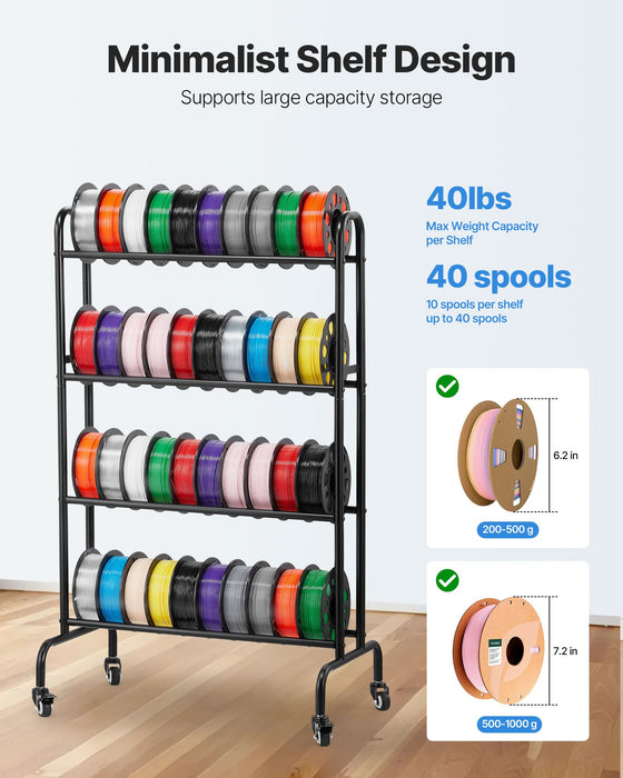 VEVOR 3D Printer Filament Storage Rack, 4 Tier Heavy Duty Storage Shelf, Rolling Filament Spool Holders Racks with Wheels, Filaments Organzied for 3D Printing Station, Office, Workshop (Shelf Only)