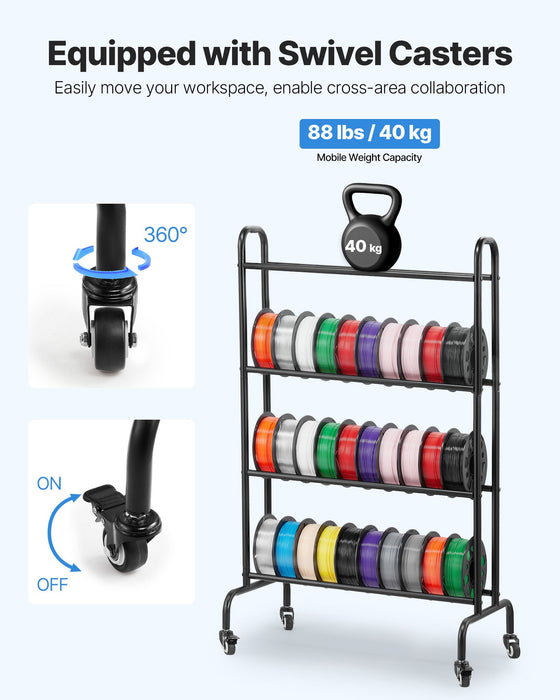 VEVOR 3D Printer Filament Storage Rack, 4 Tier Heavy Duty Storage Shelf, Rolling Filament Spool Holders Racks with Wheels, Filaments Organzied for 3D Printing Station, Office, Workshop (Shelf Only)