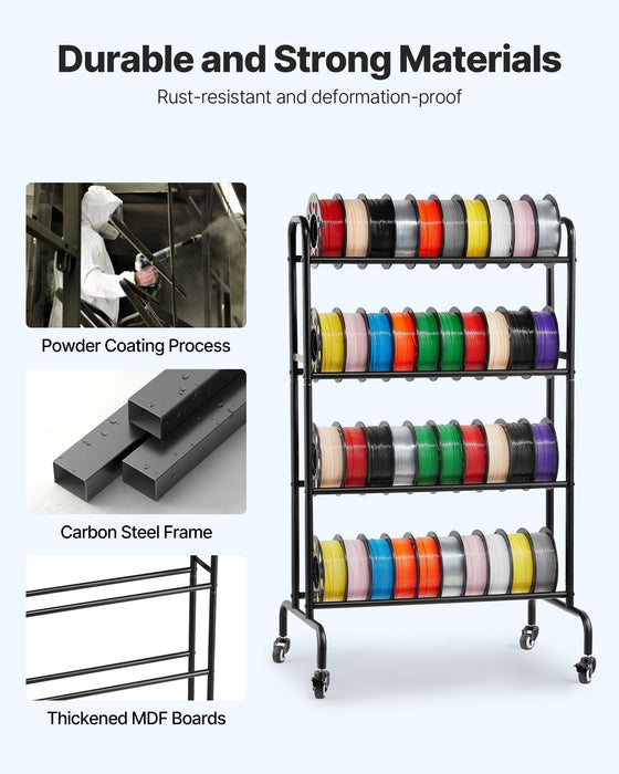 VEVOR 3D Printer Filament Storage Rack, 4 Tier Heavy Duty Storage Shelf, Rolling Filament Spool Holders Racks with Wheels, Filaments Organzied for 3D Printing Station, Office, Workshop (Shelf Only)