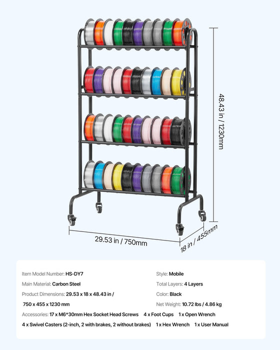 VEVOR 3D Printer Filament Storage Rack, 4 Tier Heavy Duty Storage Shelf, Rolling Filament Spool Holders Racks with Wheels, Filaments Organzied for 3D Printing Station, Office, Workshop (Shelf Only)