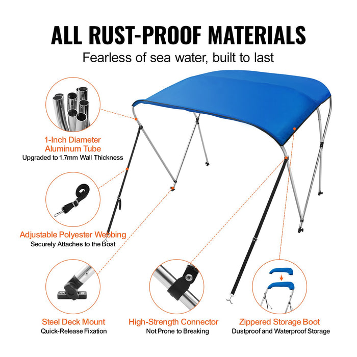 VEVOR 3 Bow Bimini Top Boat Cover, 900D Polyester Canopy with 1" Aluminum Alloy Frame, Waterproof and Sun Shade, Includes Storage Boot, 2 Support Poles, 4 Straps, 6'L x 46"H x 61"-66"W, Pacific Blue