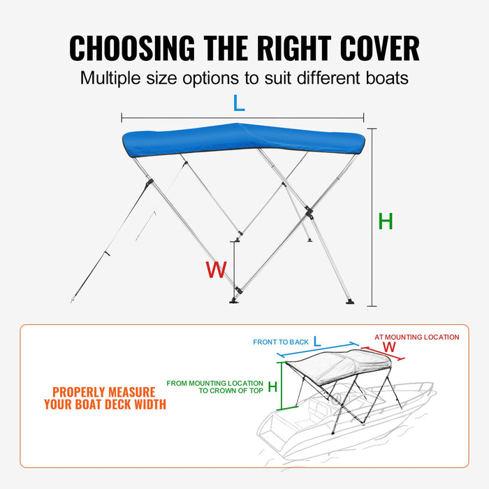VEVOR 3 Bow Bimini Top Boat Cover, 900D Polyester Canopy with 1" Aluminum Alloy Frame, Waterproof and Sun Shade, Includes Storage Boot, 2 Support Poles, 4 Straps, 6'L x 46"H x 61"-66"W, Pacific Blue